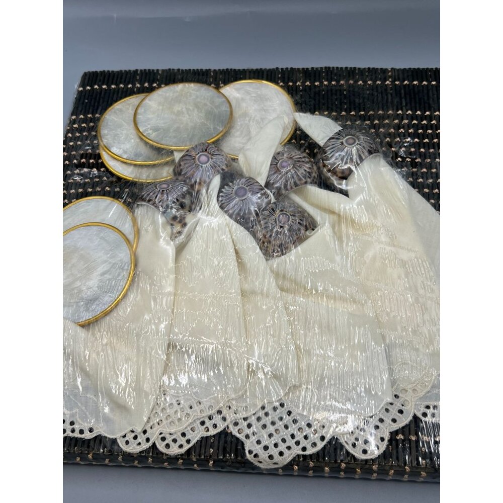 24 Pc Capiz Coasters Rattan Placemats Cowrie Shell Napkin Rings Lace Napkins Set - Picture 4 of 10